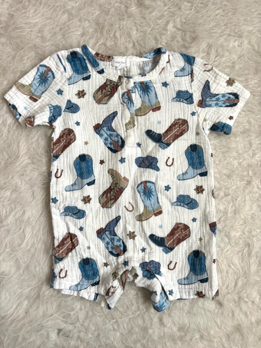 Angel Dear Baby White Shorts Romper with Blue & Brown Western Cowboy AOP